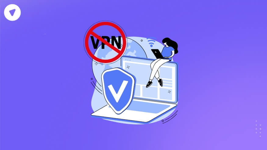 VPN Is Temporarily Unavailable - Illustration of a laptop with a security shield icon and a 'No VPN' symbol, indicating restricted or unavailable VPN access.