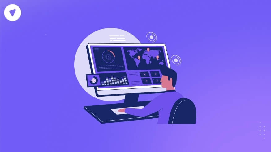 The image depicts a person sitting at a desk, monitoring multiple screens displaying data visualizations, graphs, and a world map with location markers. The illustration has a modern, tech-themed design with a purple color scheme, representing cybersecurity, data analysis, or security for system monitoring.