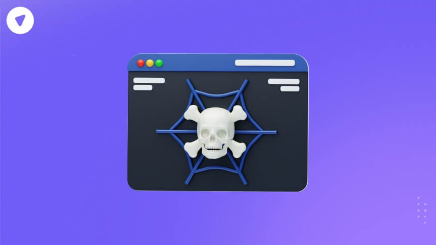 Illustration of a dark web browser window with a skull and web, symbolizing cybersecurity risks and the dangers of onionlinks on the dark web.