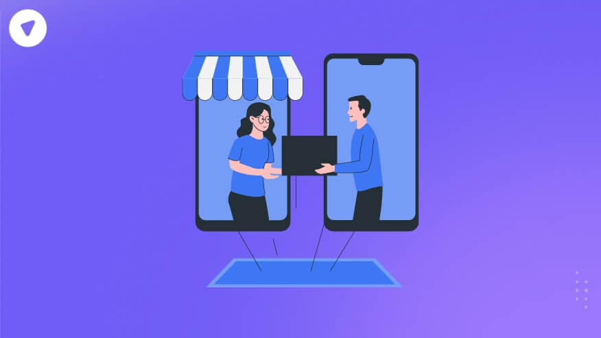 Illustration of a VPN reseller dashboard concept, depicting an online store owner handing a package to a customer through mobile devices, symbolizing digital transactions.