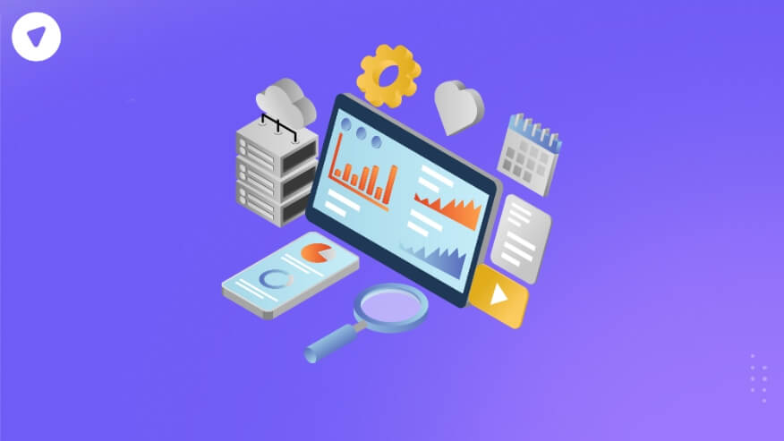 Data security management - 3D illustration of a digital dashboard with analytics, cloud storage, server, and security icons representing data protection.